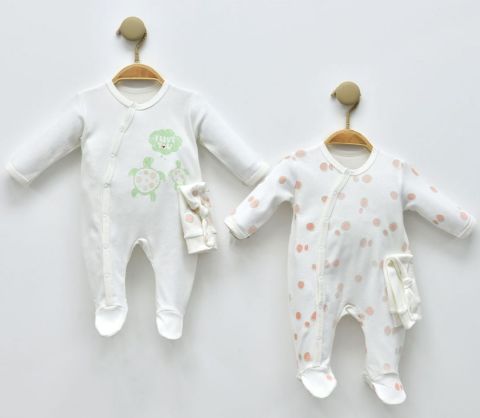 Kaplumbağa Temalı %100 Pamuk Bebek Seti: 2 Tulum + 2 Şapka 3-6 ay