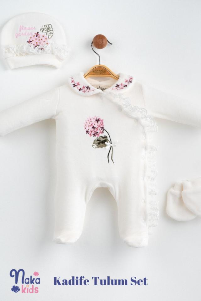 Ortanca Nakışlı Dantelli Kadife Kız Bebek Tulum 3'lü Set