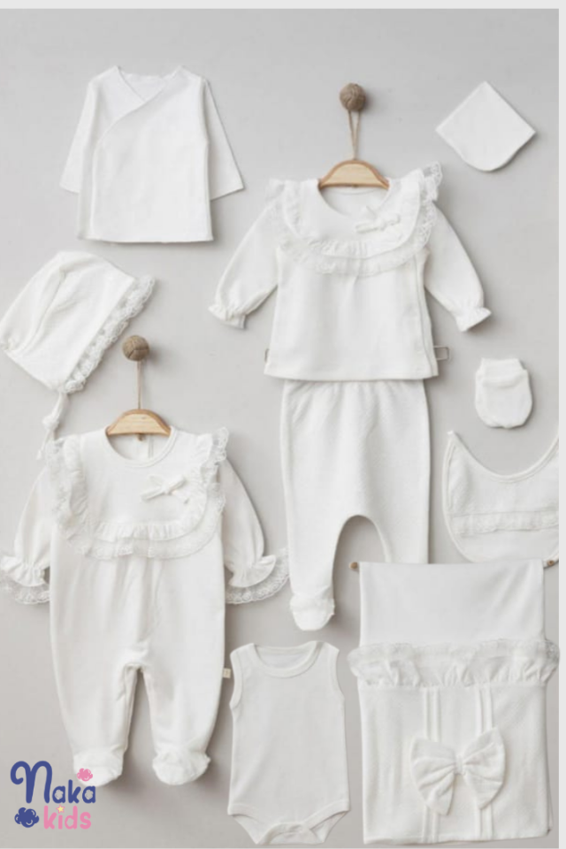 Jakarlı 10 Parça Kız Bebek Hastane Çıkış Seti-Beyaz