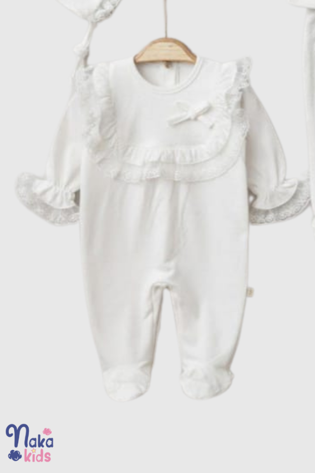 Jakarlı 10 Parça Kız Bebek Hastane Çıkış Seti-Beyaz