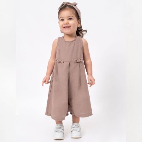 Fiyonk Detaylı Pamuk Kolsuz Çocuk Tulum-Saç Bandı 3-6 ay - Bej