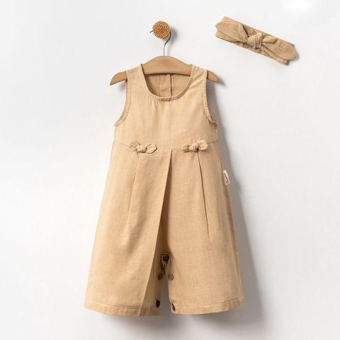 Fiyonk Detaylı Pamuk Kolsuz Çocuk Tulum-Saç Bandı 12-18 ay - Bej