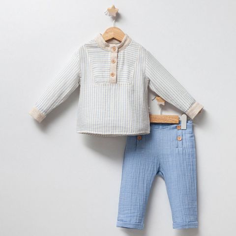 Çizgili Müslin Pamuklu Erkek Bebek Alt-Üst Takımı 9-12 ay