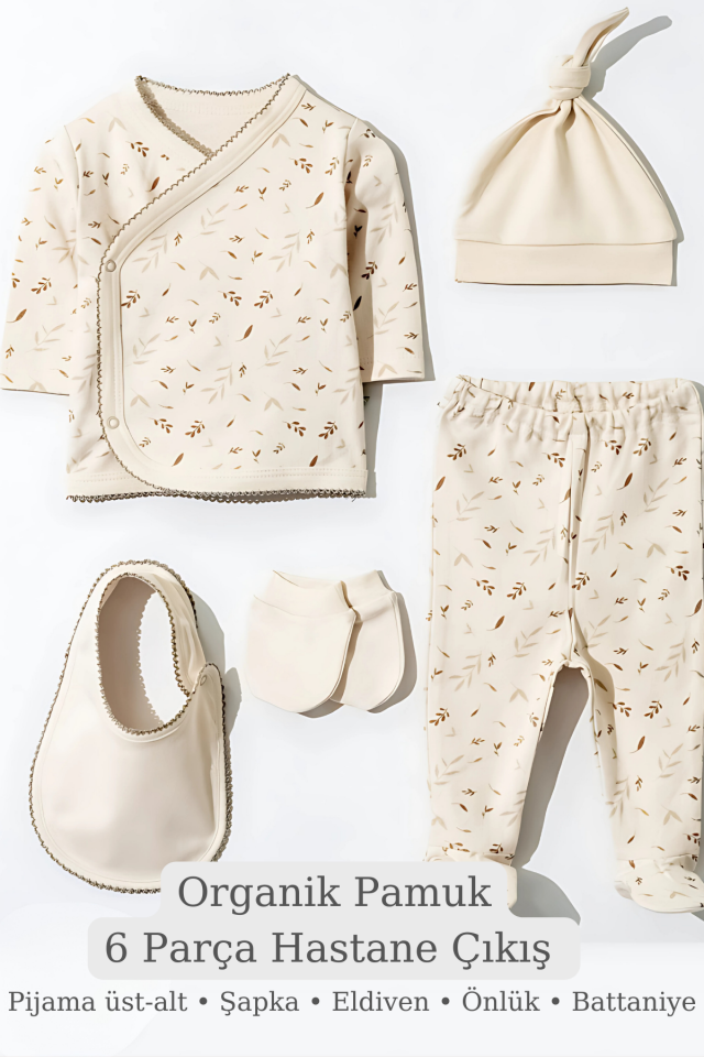 Yaprak Esintisi Organik Pamuk Kız Bebek Hastane Çıkış Seti- 6 Parça