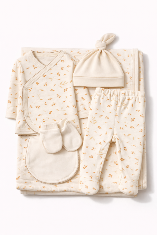 Yaprak Esintisi Organik Pamuk Kız Bebek Hastane Çıkış Seti- 6 Parça