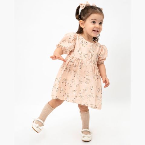 Çiçek Desenli Pamuk Bebek Elbisesi ve Fiyonk Tokalar 9-12 ay