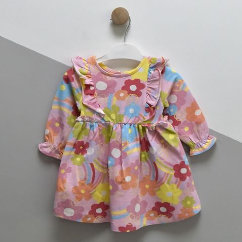 Renkli Çiçek Desenli %100 Pamuk Kız Bebek Elbisesi 3-6 ay