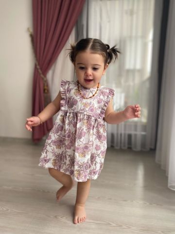 Floral Whisper Kolsuz Çiçek Motifli Kız Bebek Elbisesi 9-12 ay