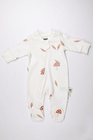 Mantar ve Yaprak Desenli Fermuarlı Tulum 3-6 ay