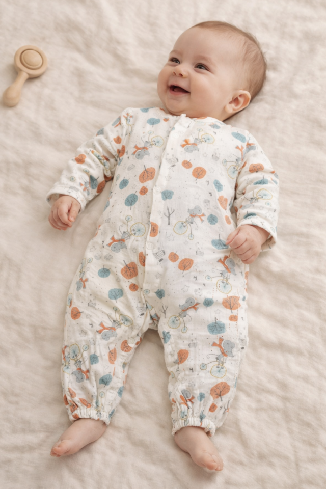 %100 Pamuk Müslin Tulum - Desenli 0-12 Ay