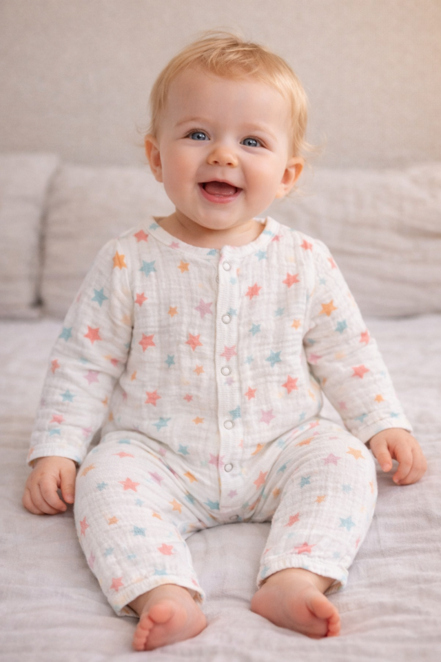 %100 Pamuk Müslin Tulum - Desenli 0-12 Ay