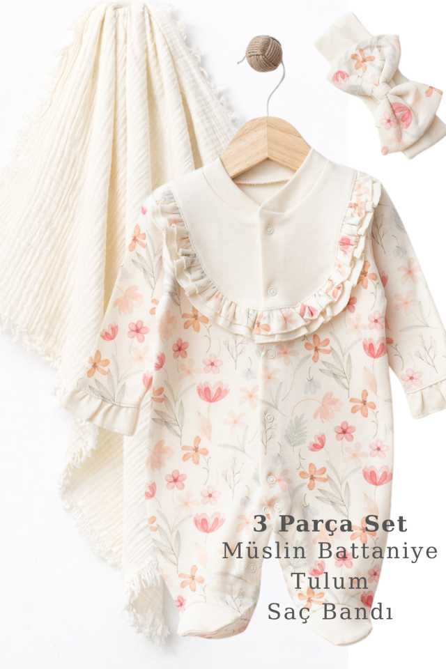 Çiçekli Yenidoğan Bebek Hastane Çıkışı Seti – Newborn Baby Gift Set - 3 Parça
