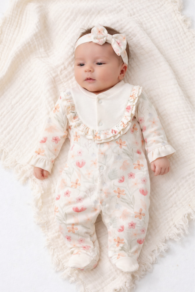 Çiçekli Yenidoğan Bebek Hastane Çıkışı Seti – Newborn Baby Gift Set - 3 Parça