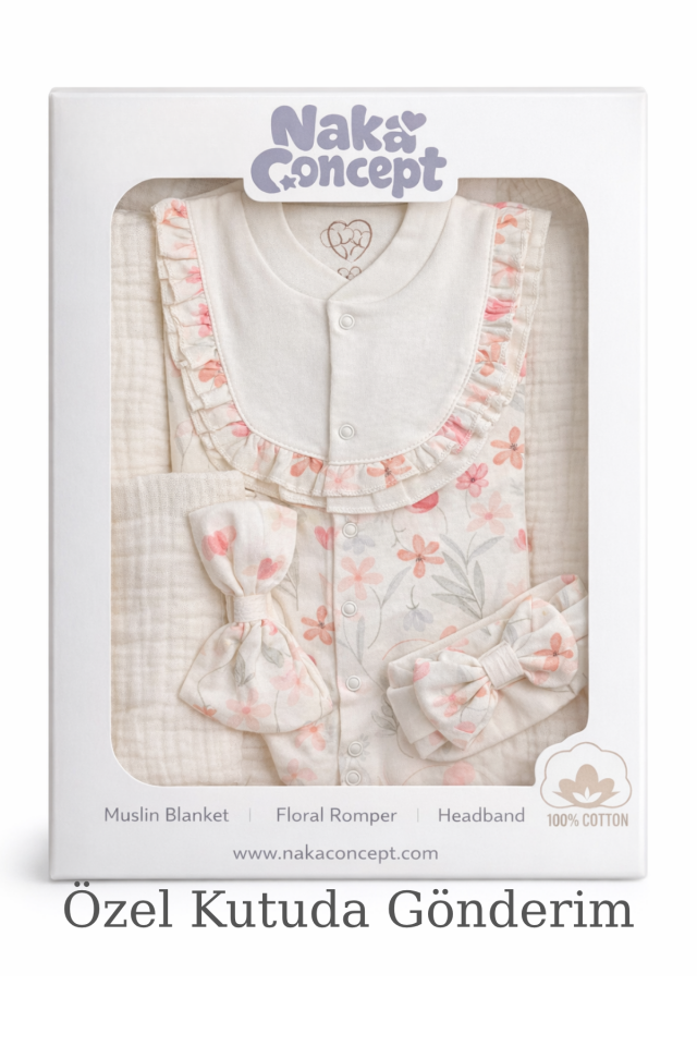 Çiçekli Yenidoğan Bebek Hastane Çıkışı Seti – Newborn Baby Gift Set - 3 Parça