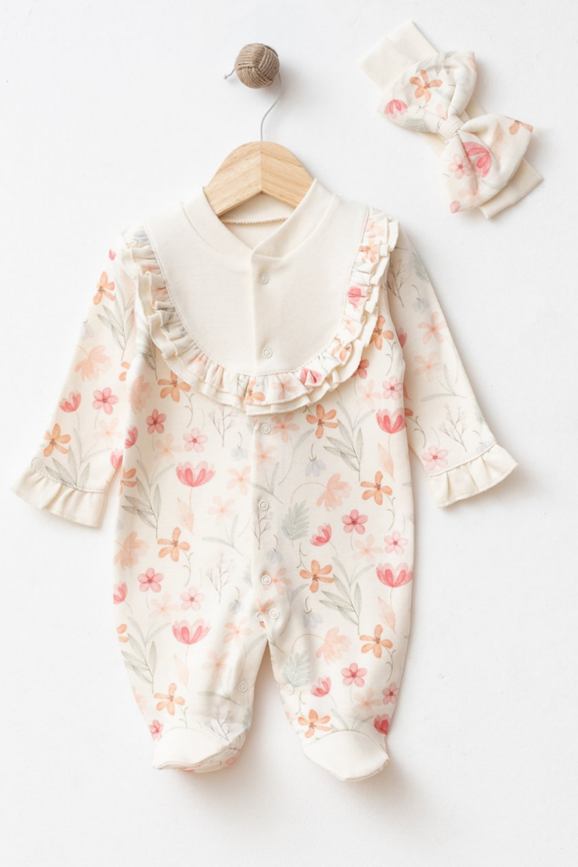 Çiçekli Yenidoğan Bebek Hastane Çıkışı Seti – Newborn Baby Gift Set - 3 Parça