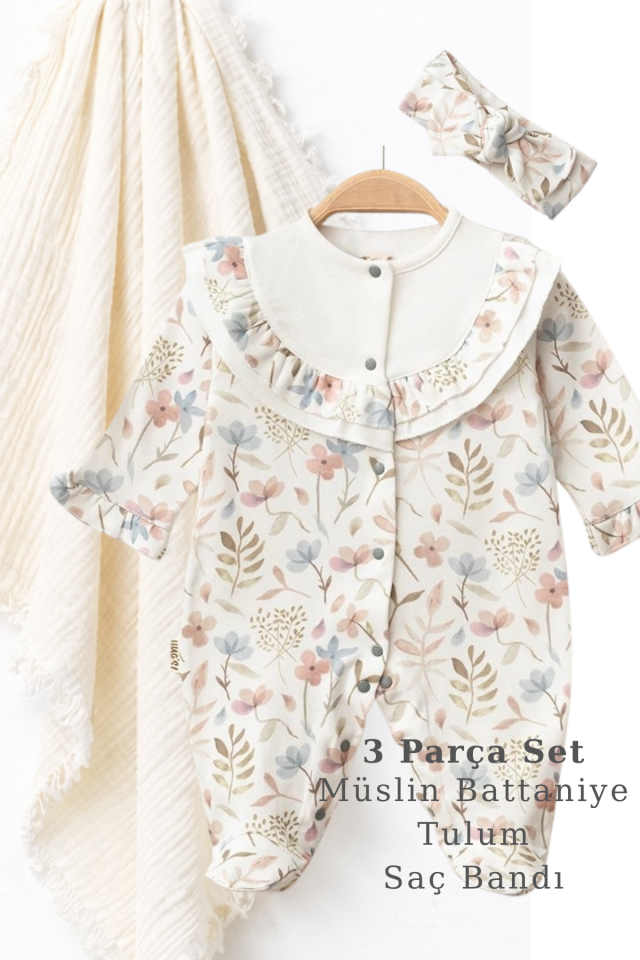 Çiçekli Bebek Hastane Çıkışı Seti – Newborn Baby Gift Set - 3 Parça