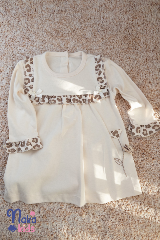 Leopar Çiçek – Uzun Kollu Penye Kız Bebek Elbisesi