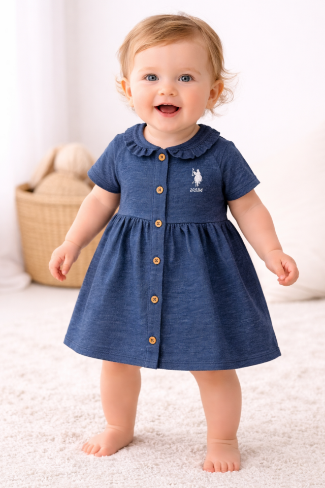 Denim Gürünümlü Kız Çocuk Elbise Fisto Yaka Nakışlı Düğmeli