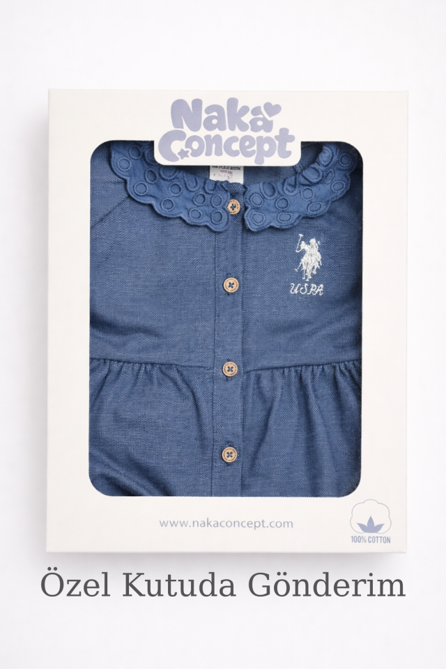 Denim Gürünümlü Kız Çocuk Elbise Fisto Yaka Nakışlı Düğmeli