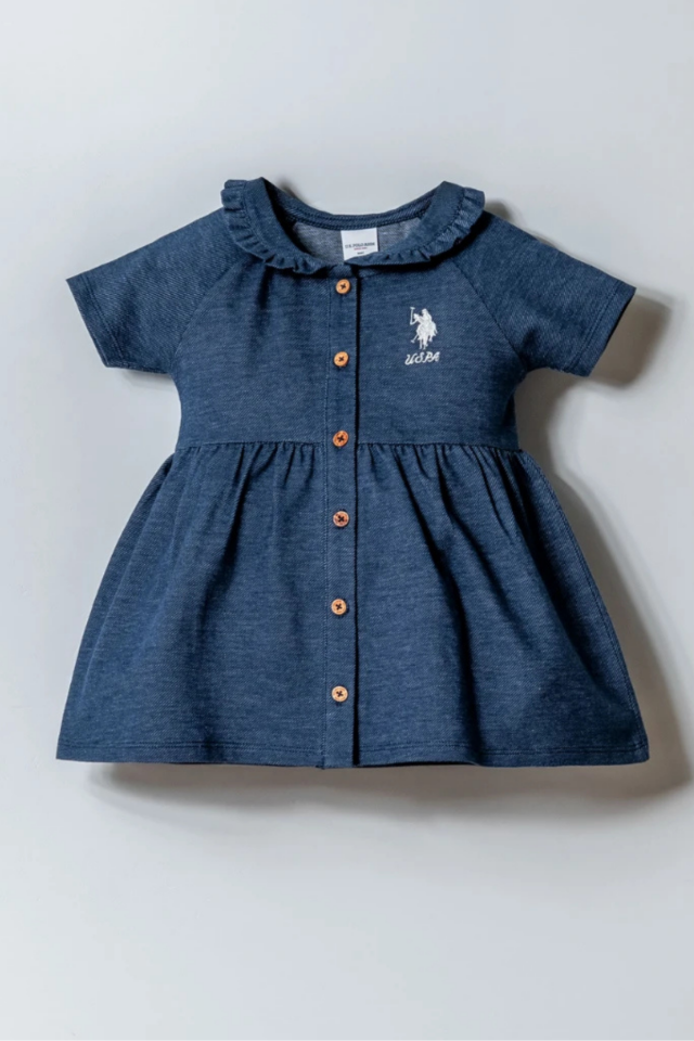 Denim Gürünümlü Kız Çocuk Elbise Fisto Yaka Nakışlı Düğmeli