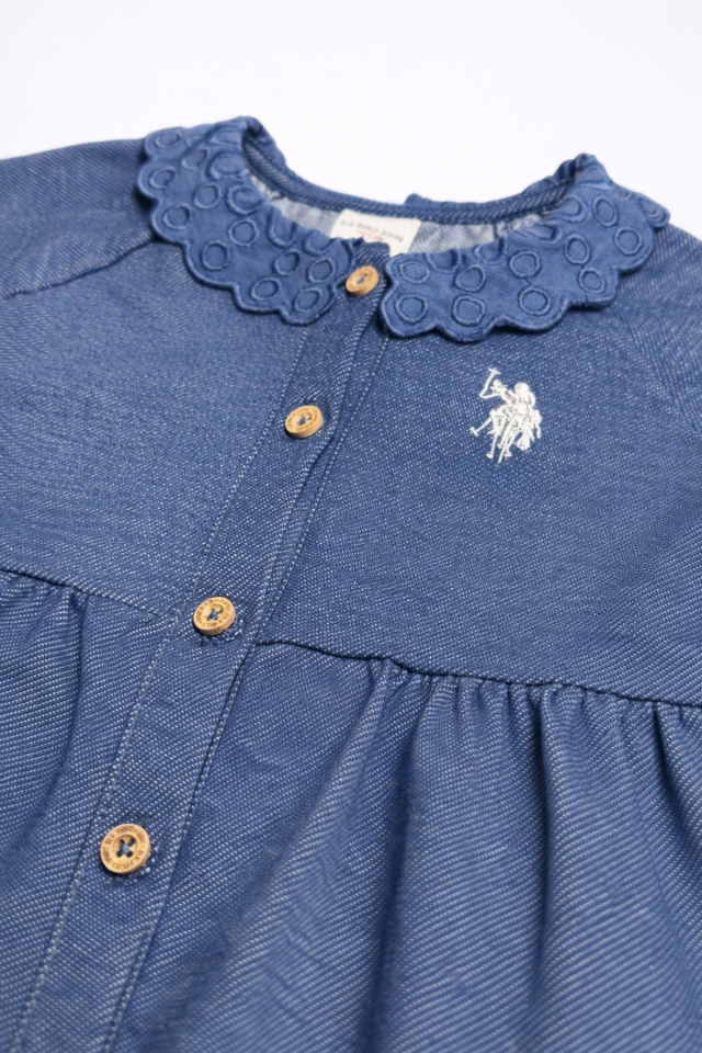 Denim Gürünümlü Kız Çocuk Elbise Fisto Yaka Nakışlı Düğmeli