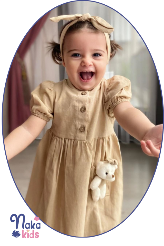 Oyuncak Ayıcıklı Kız Bebek Elbise 12-18 ay - Bej