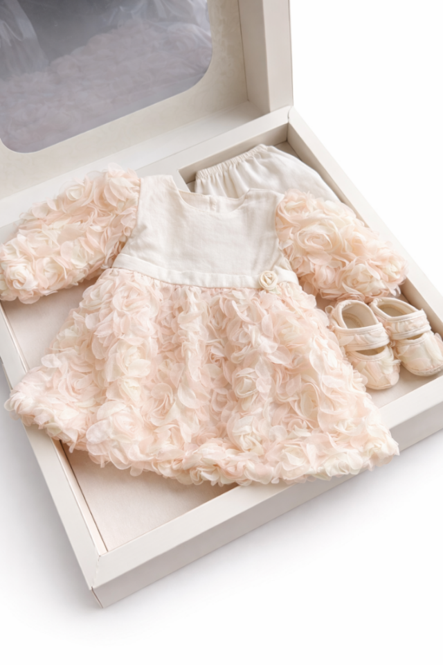 Kız Bebek Özel Gün Elbisesi 3 Boyutlu Gül Tül Detaylı Set