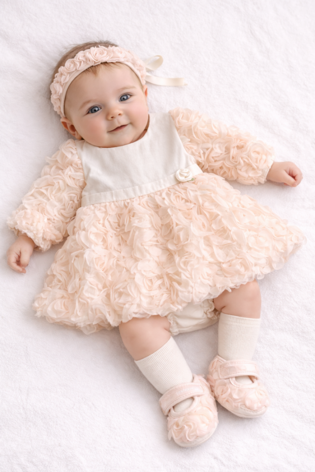 Kız Bebek Özel Gün Elbisesi 3 Boyutlu Gül Tül Detaylı Set