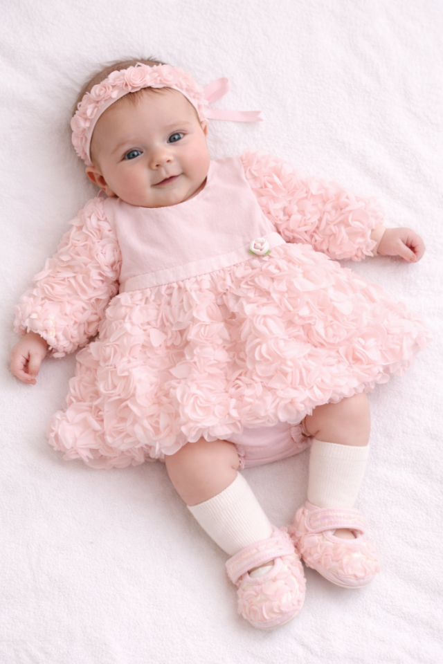 Kız Bebek Özel Gün Elbisesi 3 Boyutlu Gül Tül Detaylı Set