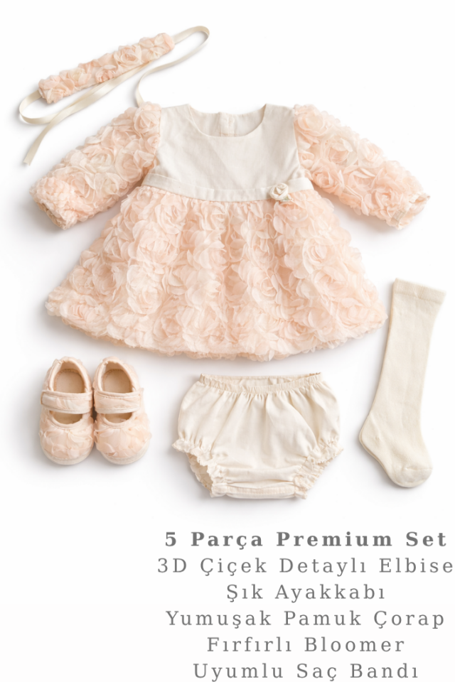 Kız Bebek Özel Gün Elbisesi 3 Boyutlu Gül Tül Detaylı Set
