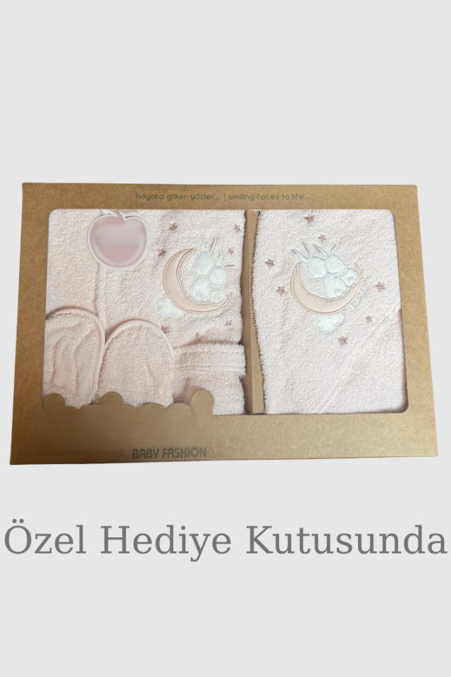 Tavşan Nakışlı Kapüşonlu Bebek Bornoz Seti- 3 Parça- Özel Kutulu