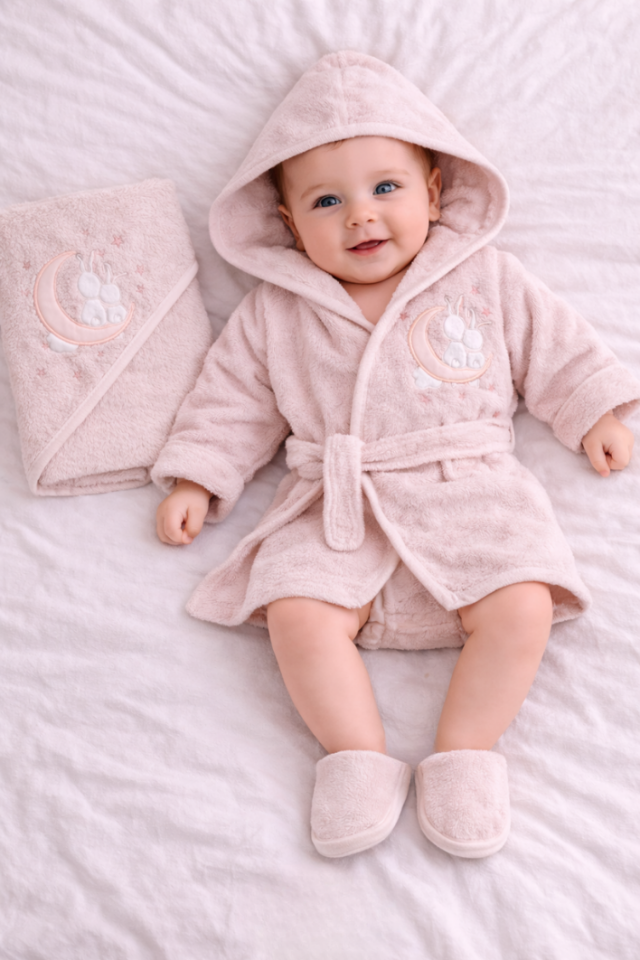 Nakışlı Kapüşonlu Bebek Bornoz Seti- 3 Parça- Özel Kutulu