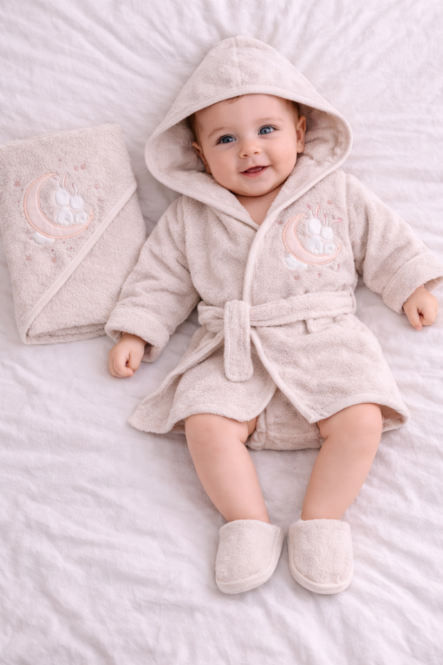 Nakışlı Kapüşonlu Bebek Bornoz Seti- 3 Parça- Özel Kutulu