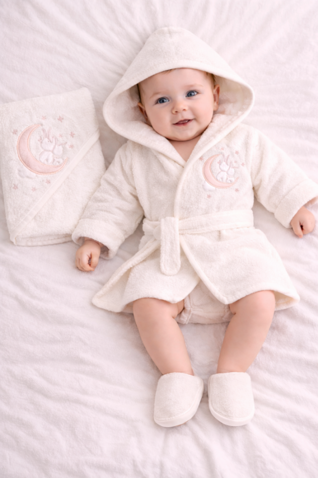 Nakışlı Kapüşonlu Bebek Bornoz Seti- 3 Parça- Özel Kutulu