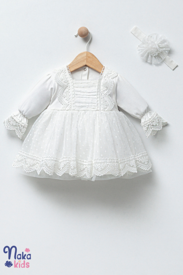 Zarif Dantel Kız Bebek Elbise & Saç Bandı Seti