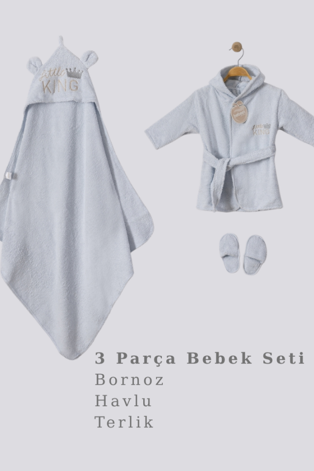 King Nakışlı Kapüşonlu Bebek Bornoz Seti- 3 Parça- Özel Kutulu