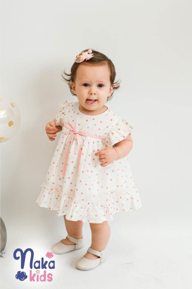 Minik Dots Puantiyeli Kız Bebek Elbisesi 2 li Takım