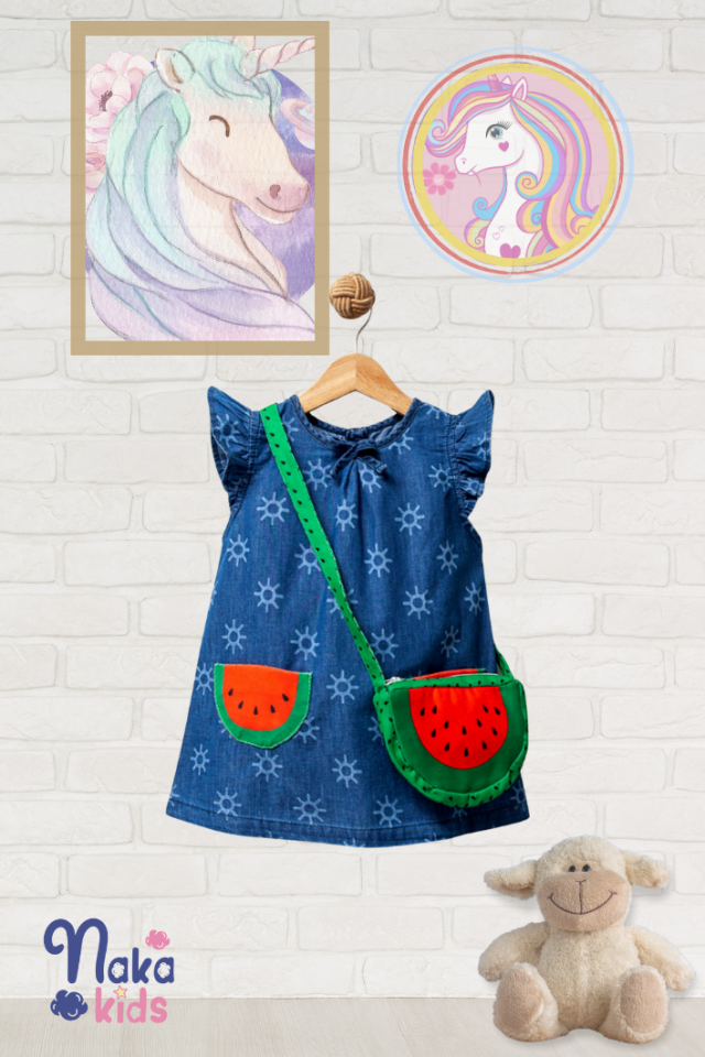 Yaz Kolsuz Denim Bebek Elbisesi ve Karpuz Şekilli Çanta