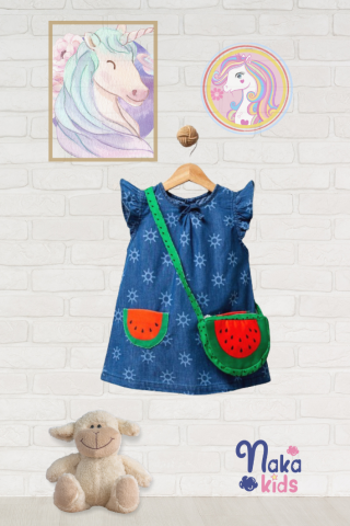 Yaz Kolsuz Denim Bebek Elbisesi ve Karpuz Şekilli Çanta 18 ay