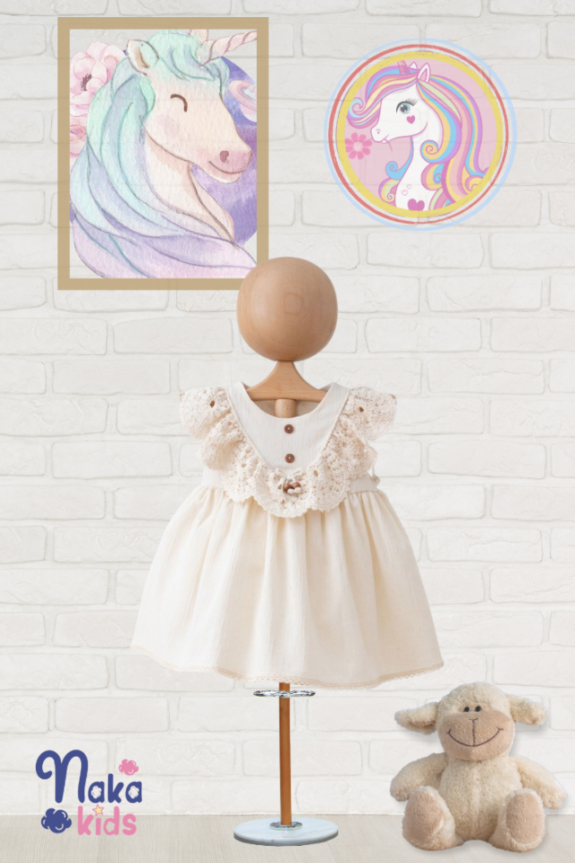 Bej Boncuk Dantel Kolsuz Kız Bebek Elbisesi