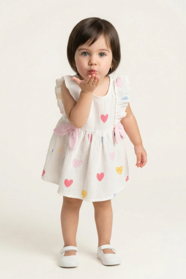 Kalpli %100 Pamuk Müslin Yazlık Kız Bebek Elbisesi