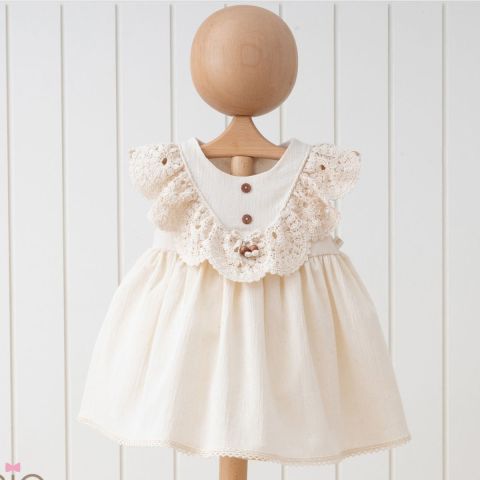 Bej Boncuk Dantel Kolsuz Kız Bebek Elbisesi 24 ay