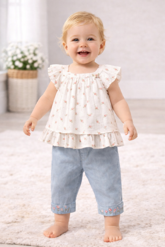 Floral Denim Set %100 Pamuk Kız Bebek 2 Parça Takım