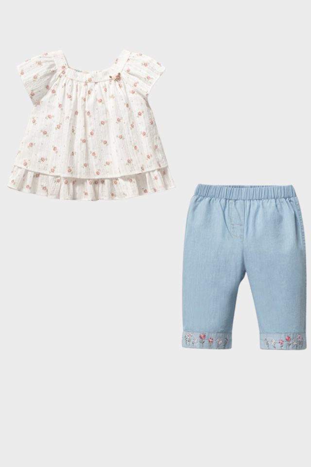 Floral Denim Set %100 Pamuk Kız Bebek 2 Parça Takım