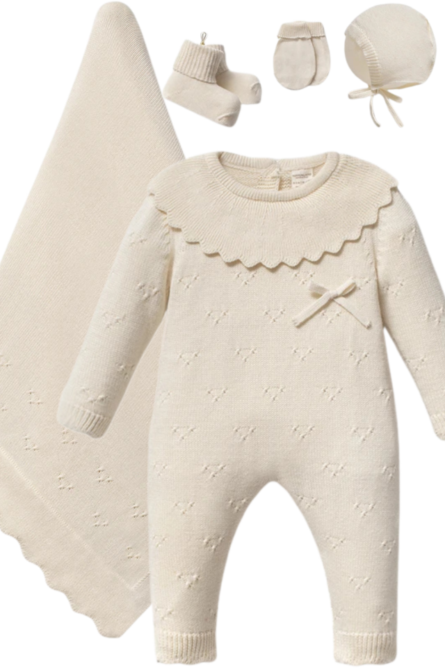 Kalp Triko 5 Parça Kız Bebek Hastane Çıkış Seti – 5 Parça