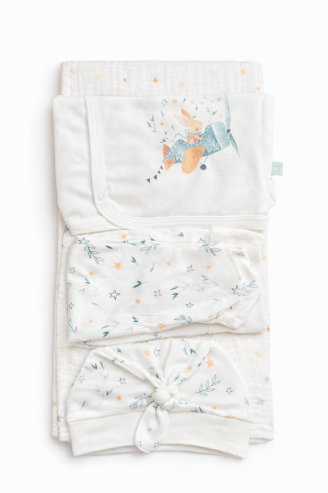 Newborn Hospital Set 4 Parça %100 Organik Pamuk Unisex Pilot Rabbit Baskılı Set