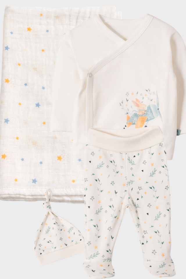 Newborn Hospital Set 4 Parça %100 Organik Pamuk Unisex Pilot Rabbit Baskılı Set