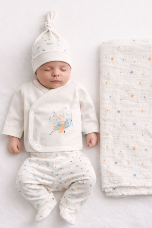 Newborn Hospital Set 4 Parça %100 Organik Pamuk Unisex Pilot Rabbit Baskılı Set