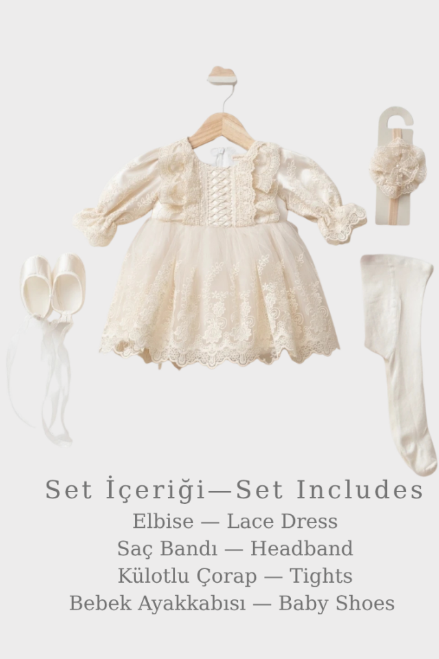 Veloura Lace Signature Kız Bebek Dantel Elbise Seti 4 Parça