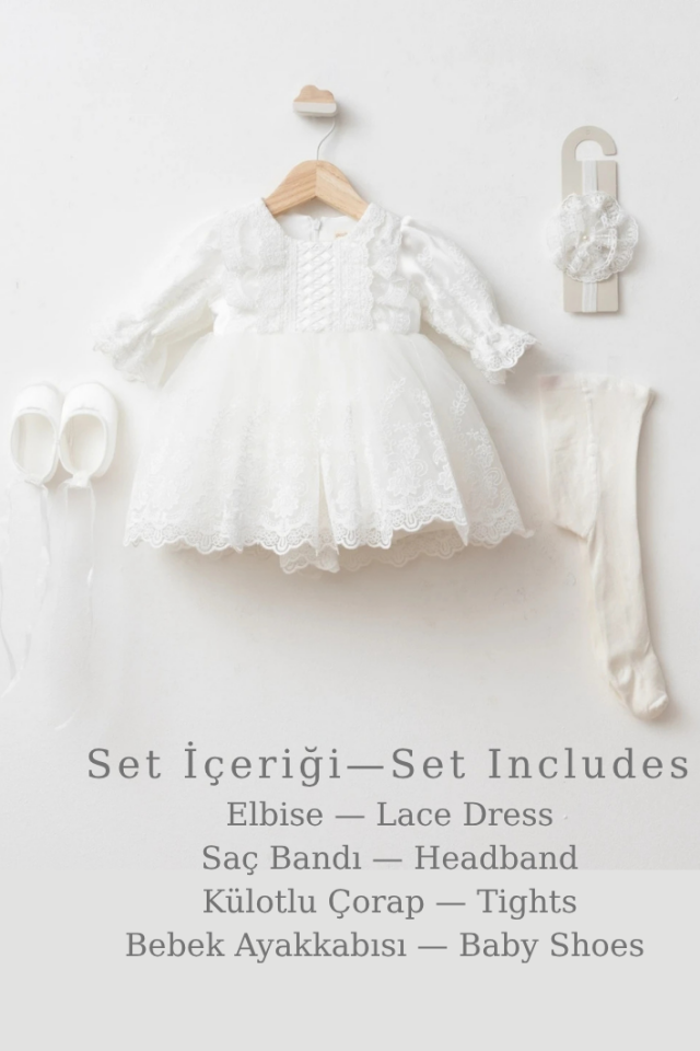 Veloura Lace Signature Kız Bebek Dantel Elbise Seti 4 Parça